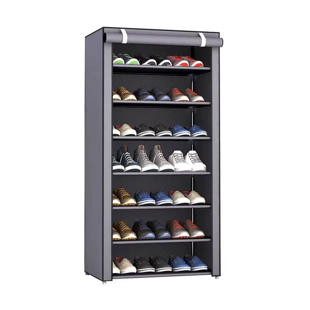 7-tier grey fabric rack for clothes, shoes, and home accessories.