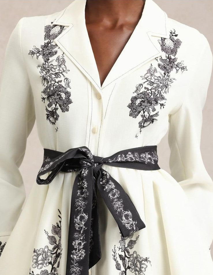 Sarah Long Sleeve Floral Bowknot Shirt Mini Dress