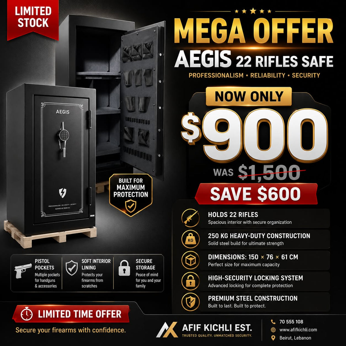 Aegis Fireproof 22 Rifle Safe 150x76.2x61 cm 250 kg