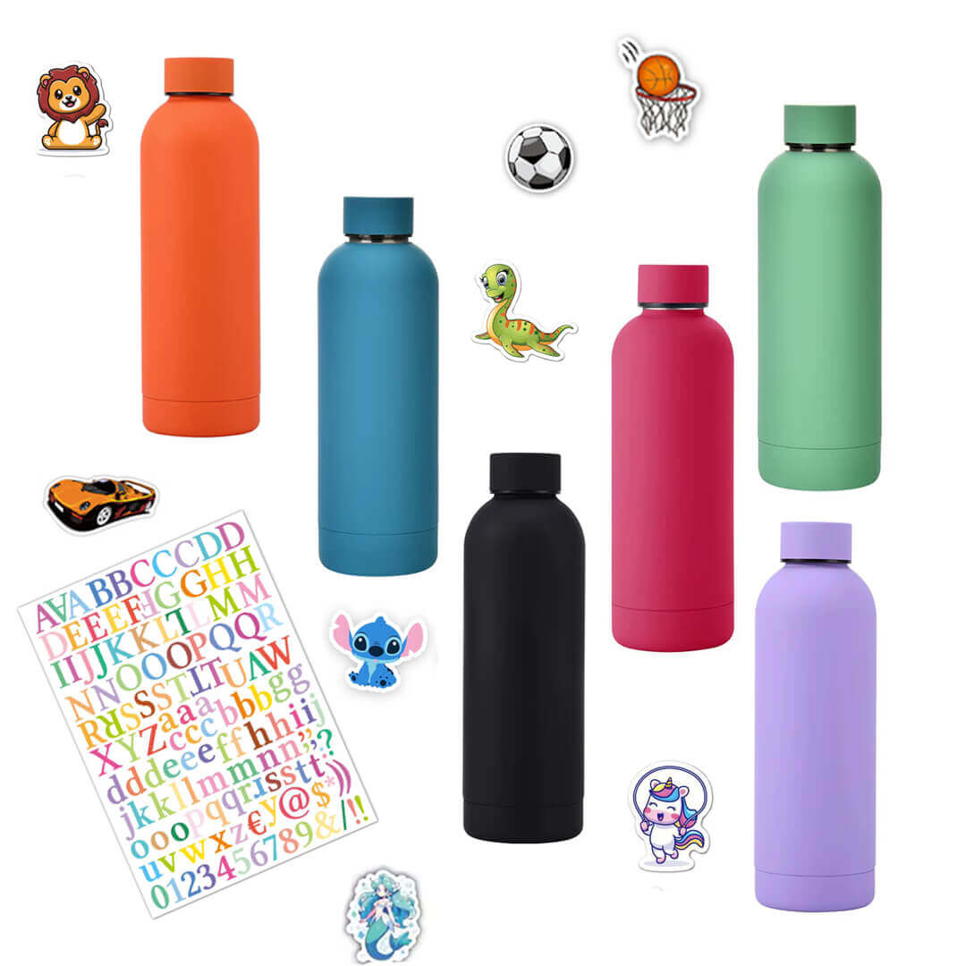 750 ml stainless water bottle with 
alphabets & themed stickers