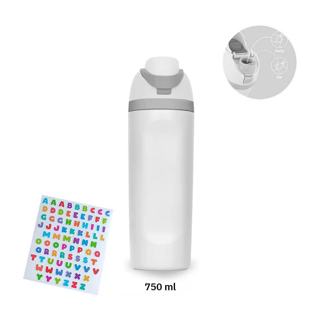 School white water bottle with straw and sip lid and ABC sheet