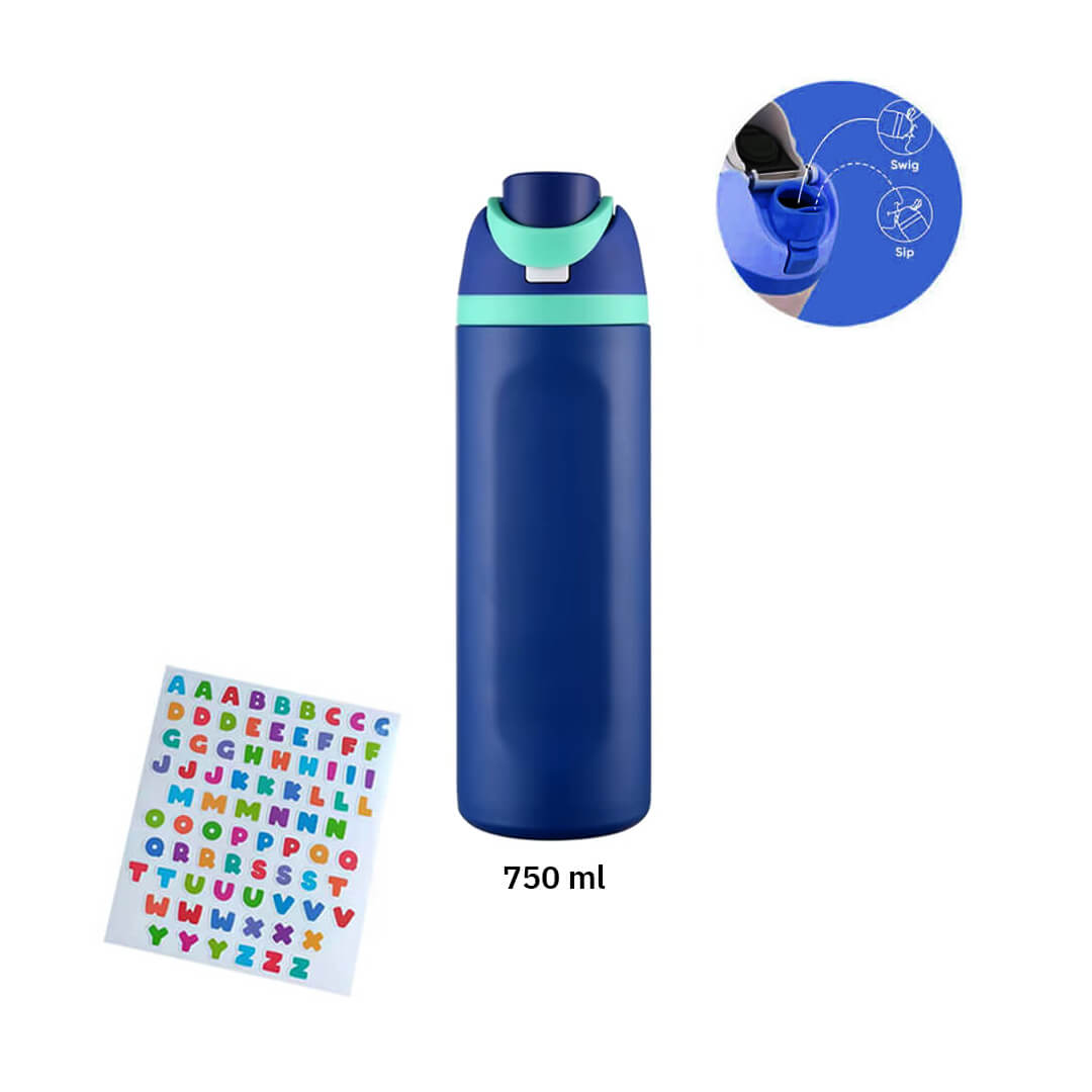 School navy water bottle with straw, sip lid and ABC sheet