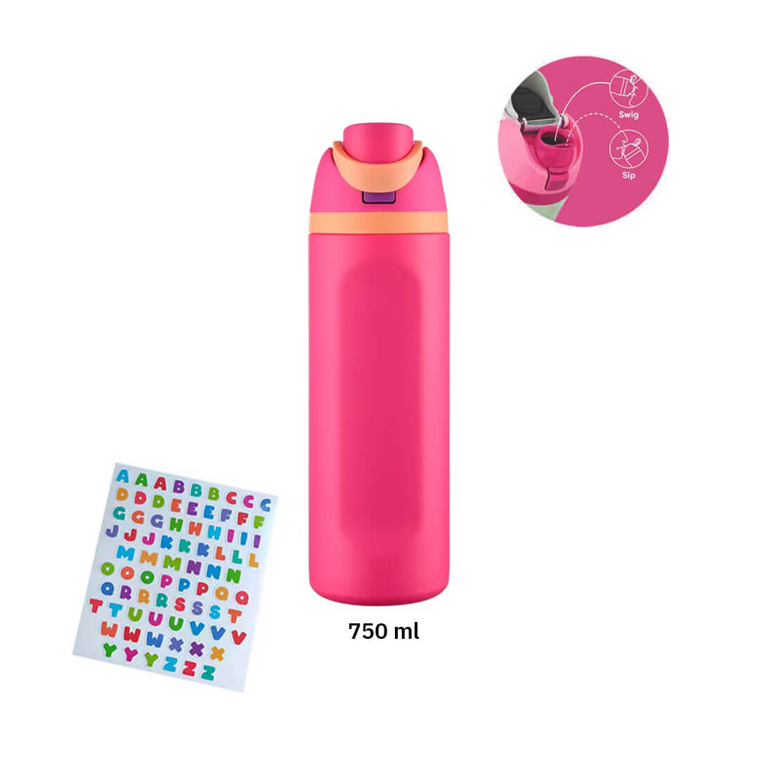 School pink water bottle with straw, sip lid and ABC sheet