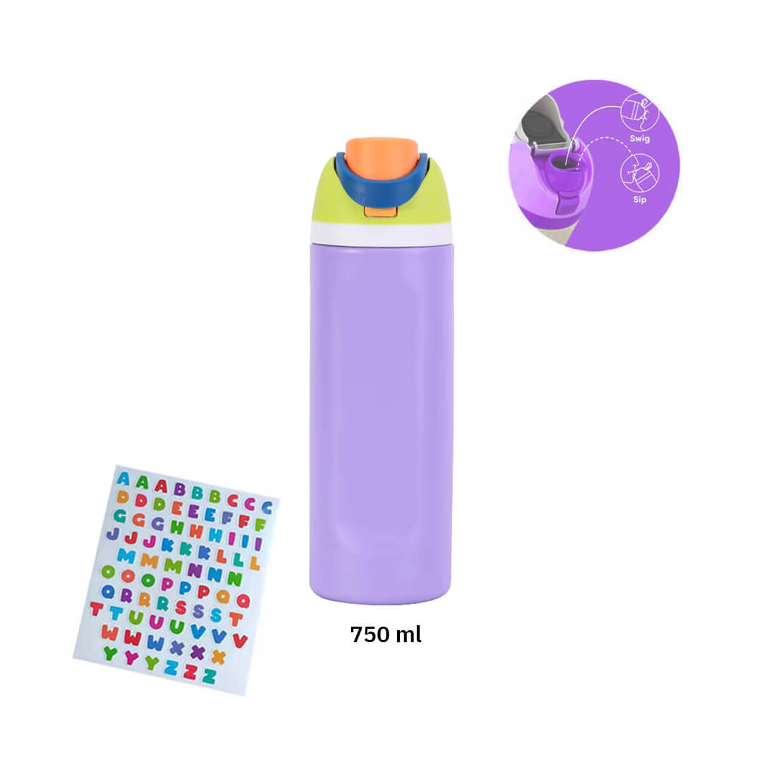 Purple Stainless steel water bottle with straw, sip lid, and ABC sheet