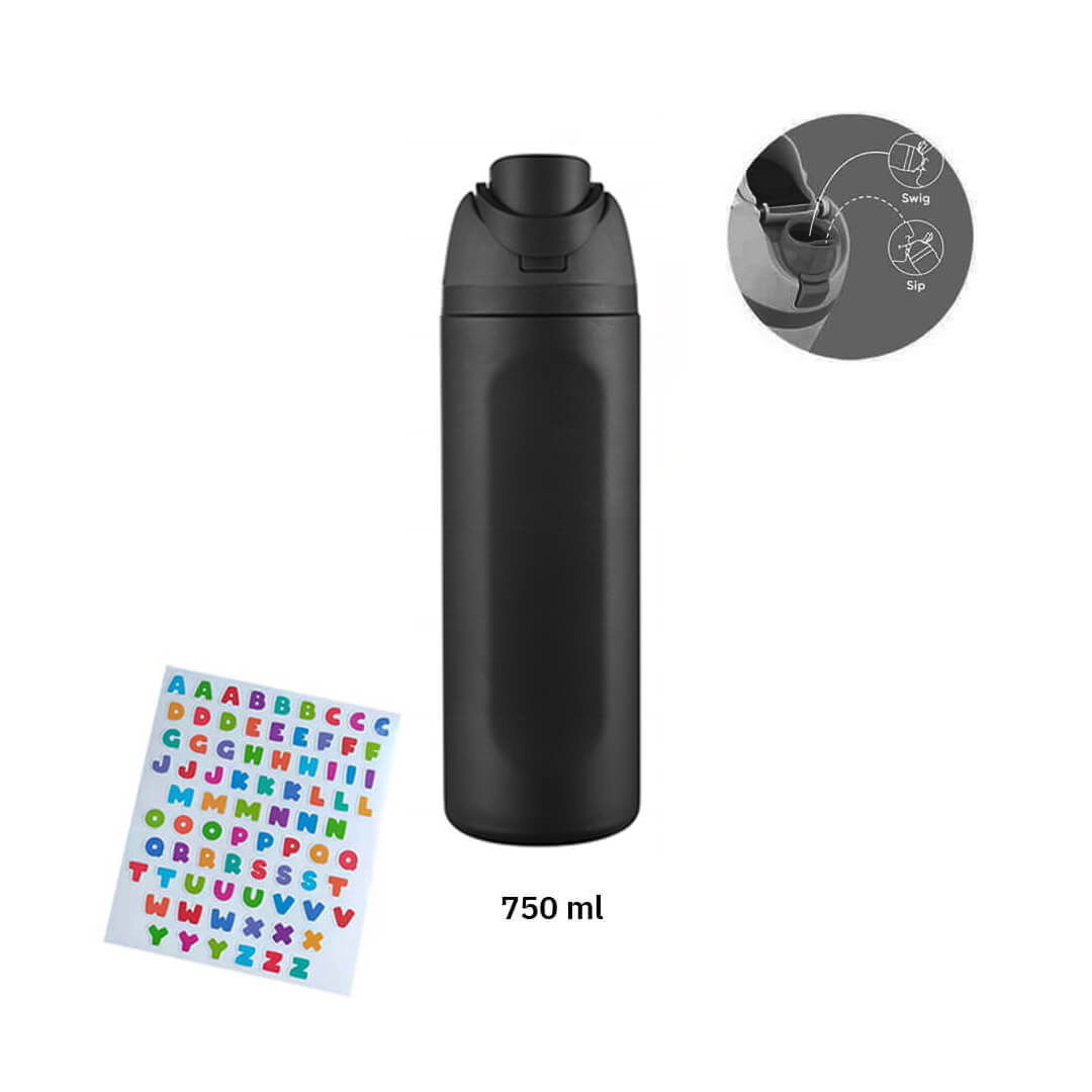 Black Stainless steel water bottle with straw, sip lid, and ABC sheet