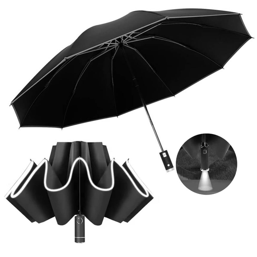 Automatic 3-Fold Inverted Umbrella with Built-In LED Light - Black Black