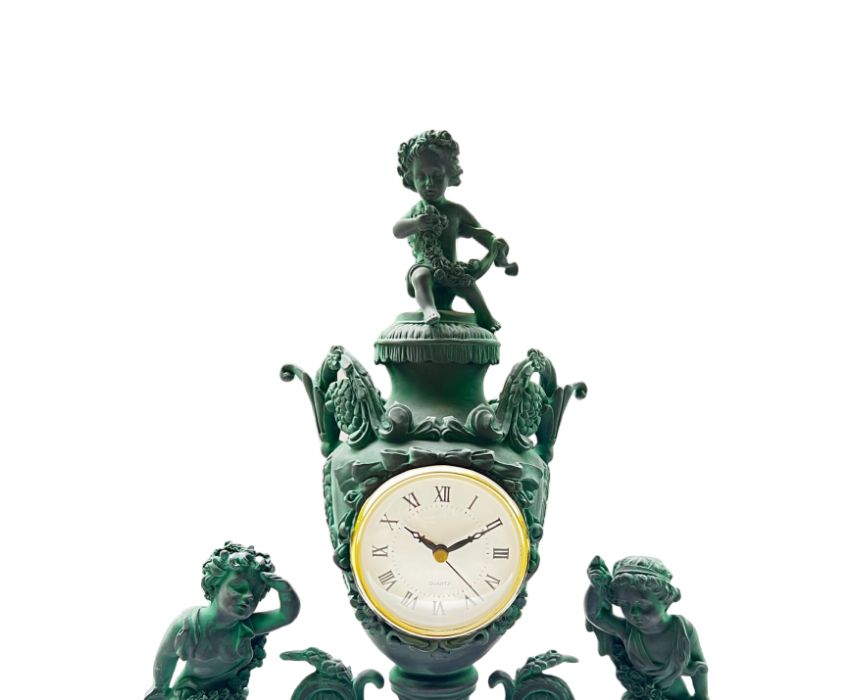 Resin Clock Roman Angel in Antique Green