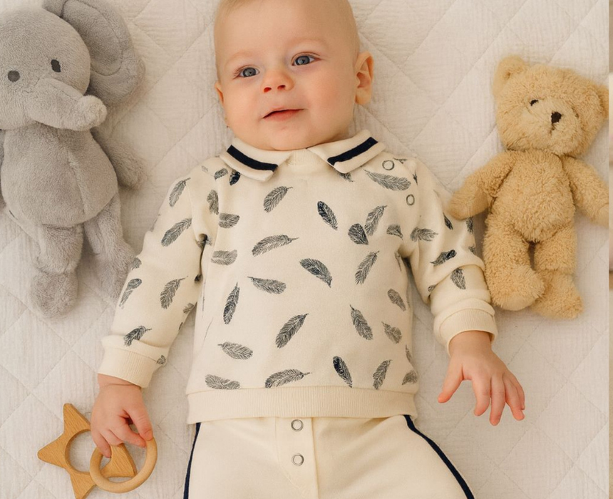 Patterned Baby Boy Set in White