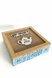 Wooden & Blue Tea Box Organizer 9 Compartments