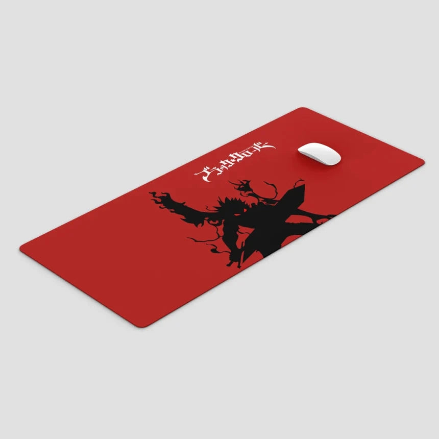 Red mouse pad with black dragon design and white mouse on a light gray background