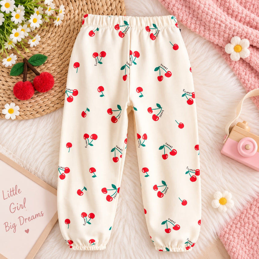 Cherry print jogger pants flat lay