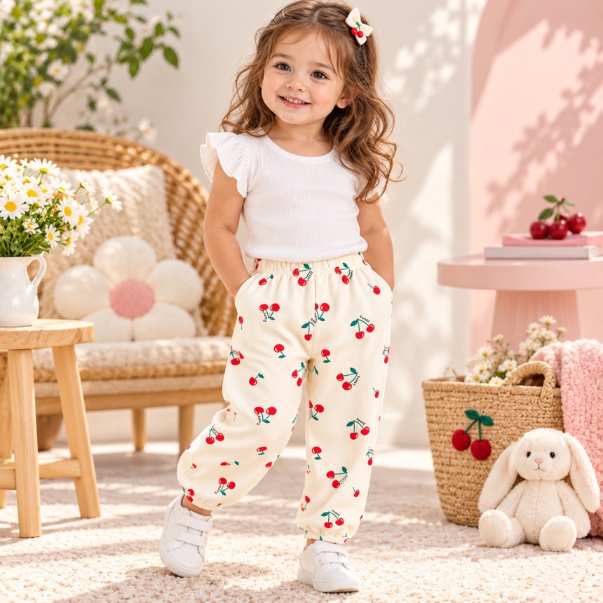 Girl wearing cherry print pants 24-36 months