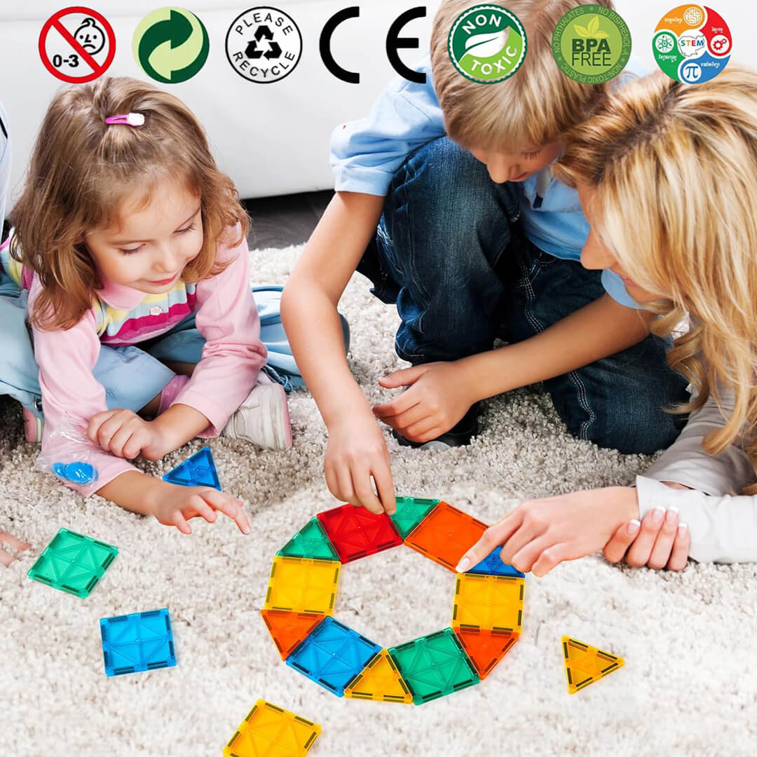 Colorful magnetic building tiles for creative kids play