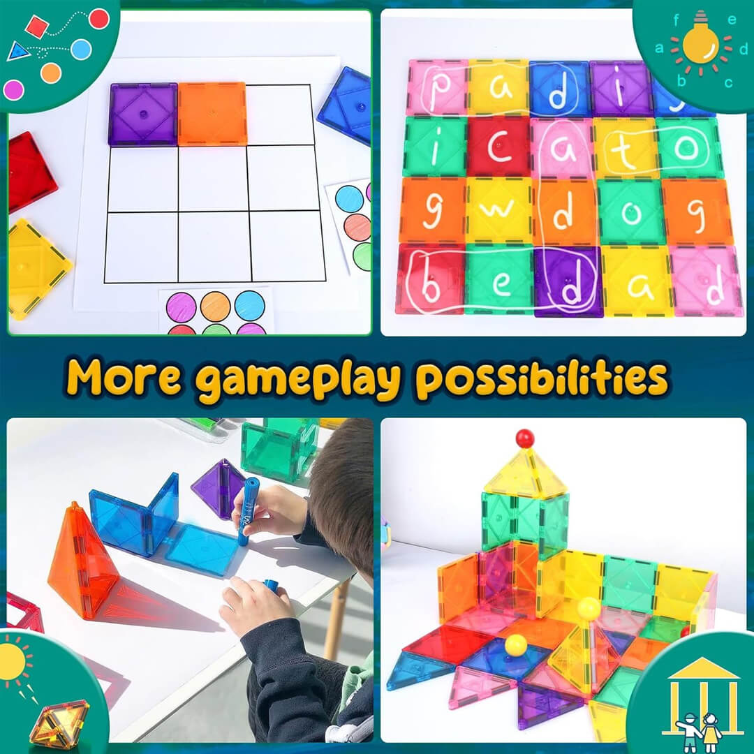 96-piece magnetic building toy with colorful translucent tiles