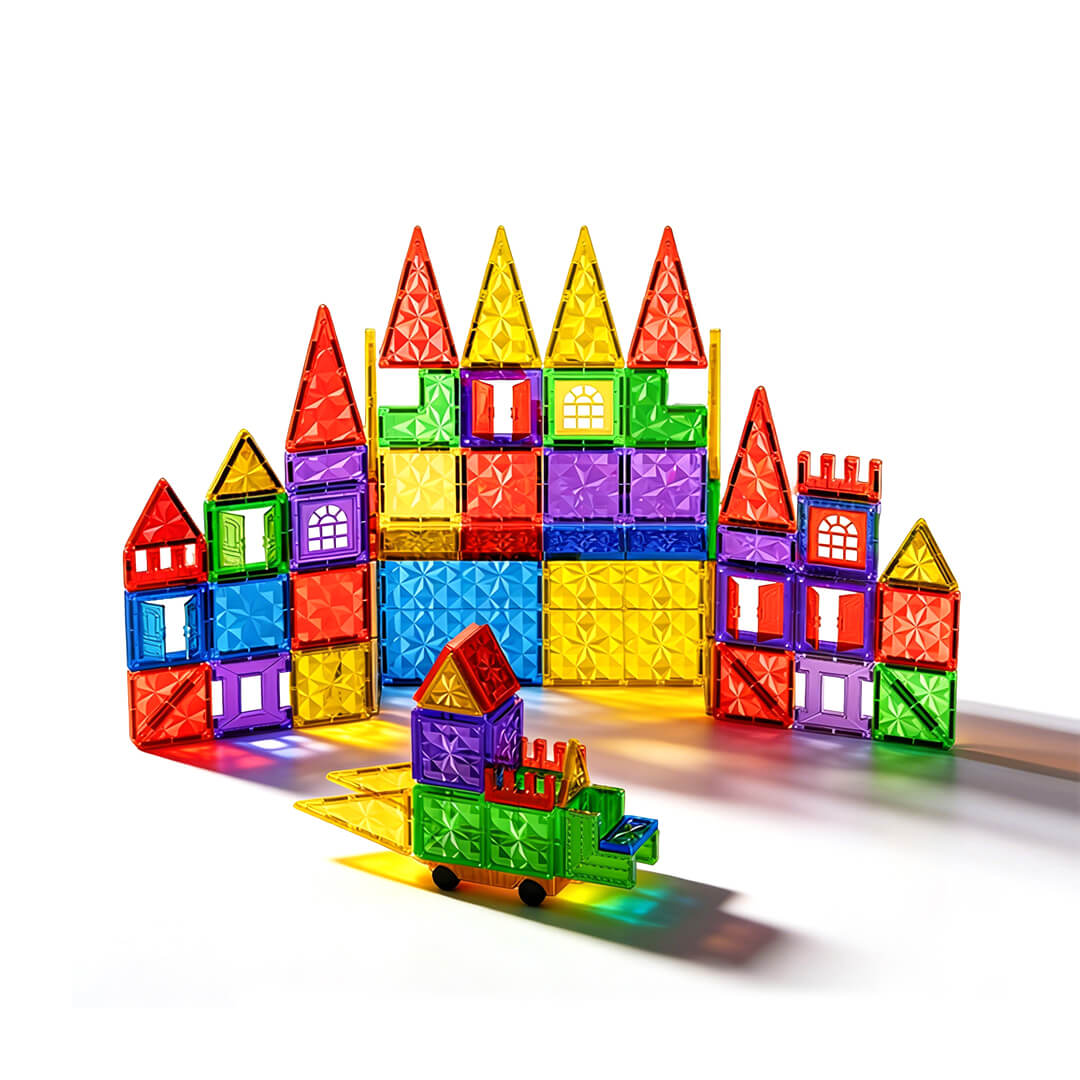 Magnetic construction tiles with multiple shapes