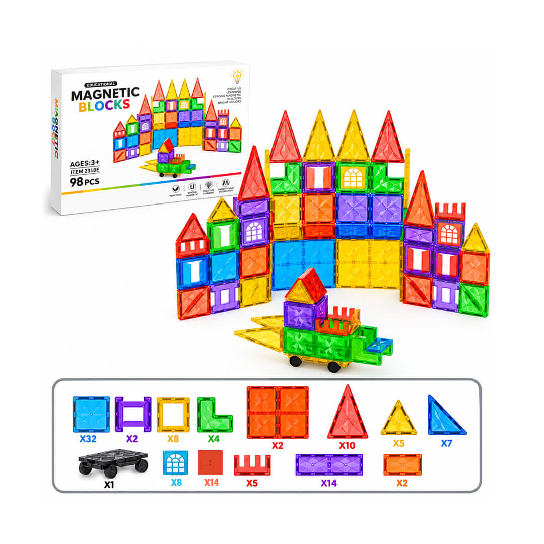 98-piece magnetic building tiles set for kids, more shapes for more design varieties