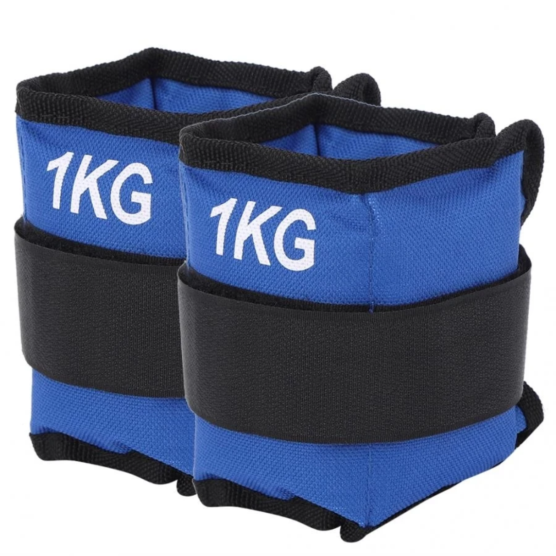 Pair of blue adjustable ankle weights with black straps for fitness