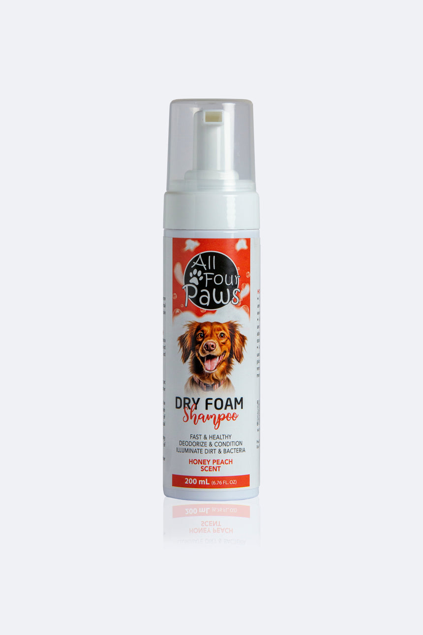 Dog shampoo bottle with 'All Four Paws' label on a white background