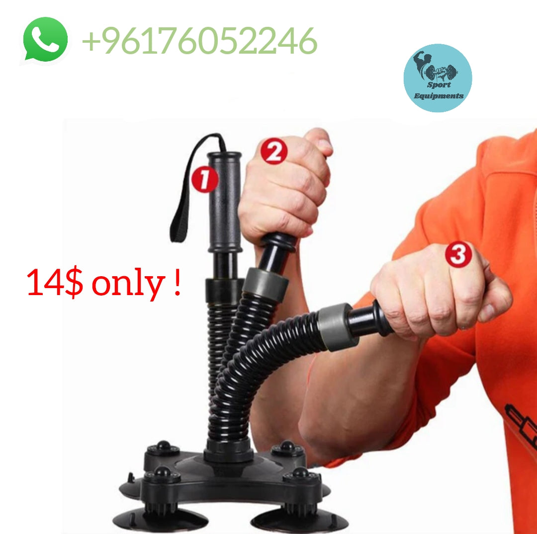 An arm wrestling trainer with a 90-degree bent angle, featuring a black body with suction cups at the base and a flexible hose connecting to a handle.