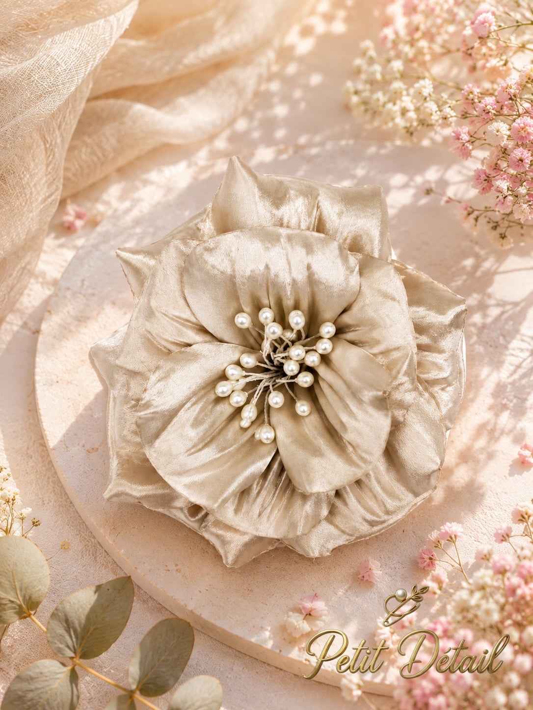 Handmade Champagne Pearl Textile Flower – 20 cm Petit Détail Lebanon