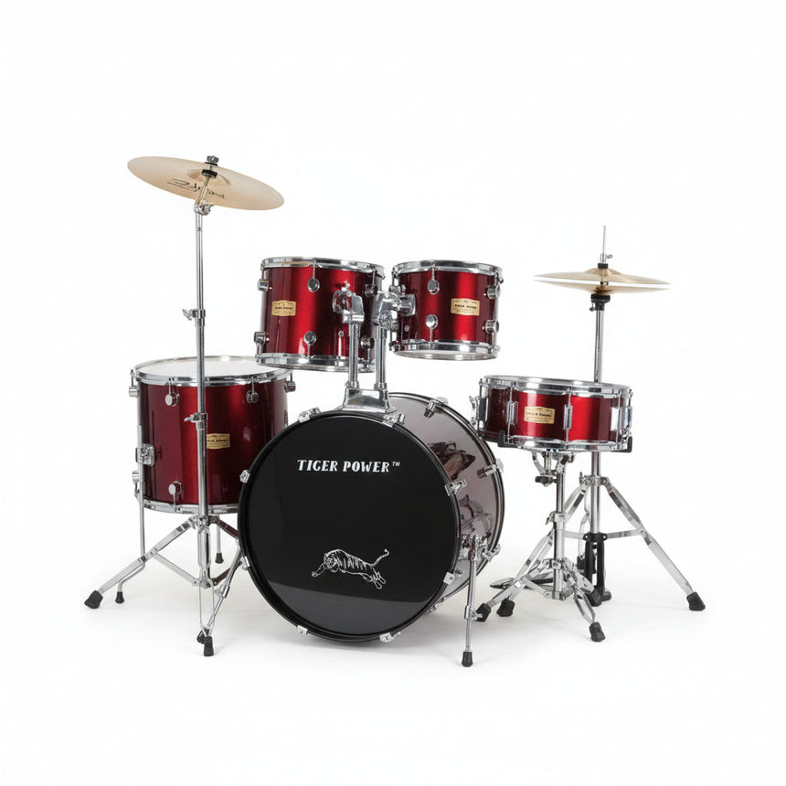 Red drum set with 'Tiger Power' branding on a beige background