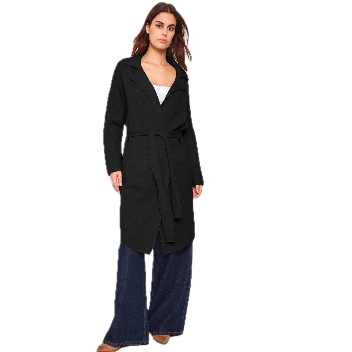 Belted Knit Coat – Black