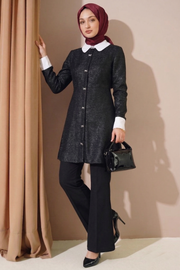 Black Tweed Shirt Dress with White Collar