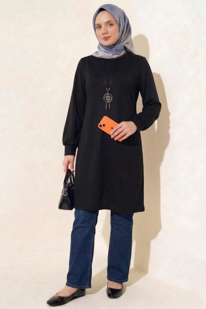 Basic Black Long Sleeve Casual Tunic