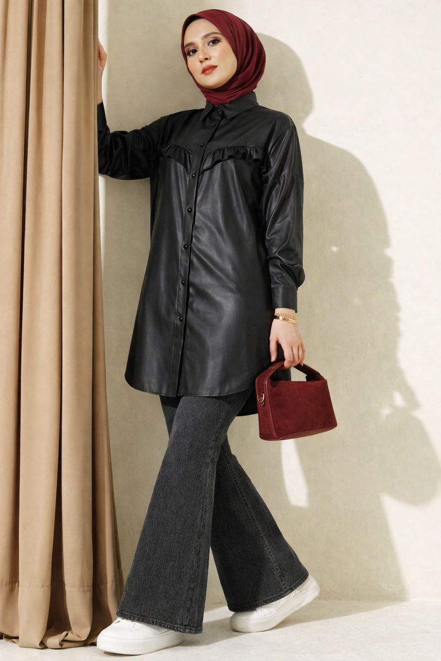 Black Oversized Ruffle Shirt