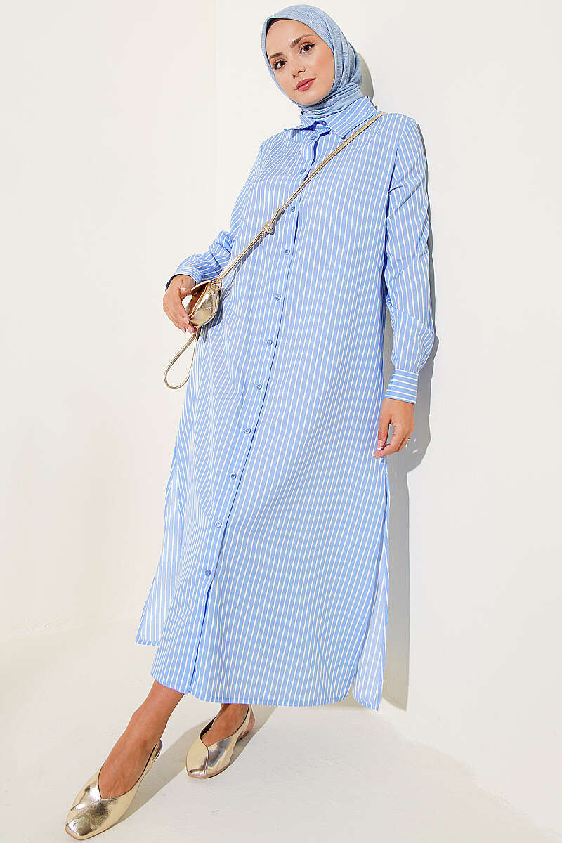 light Blue Basic Long Striped Shirt