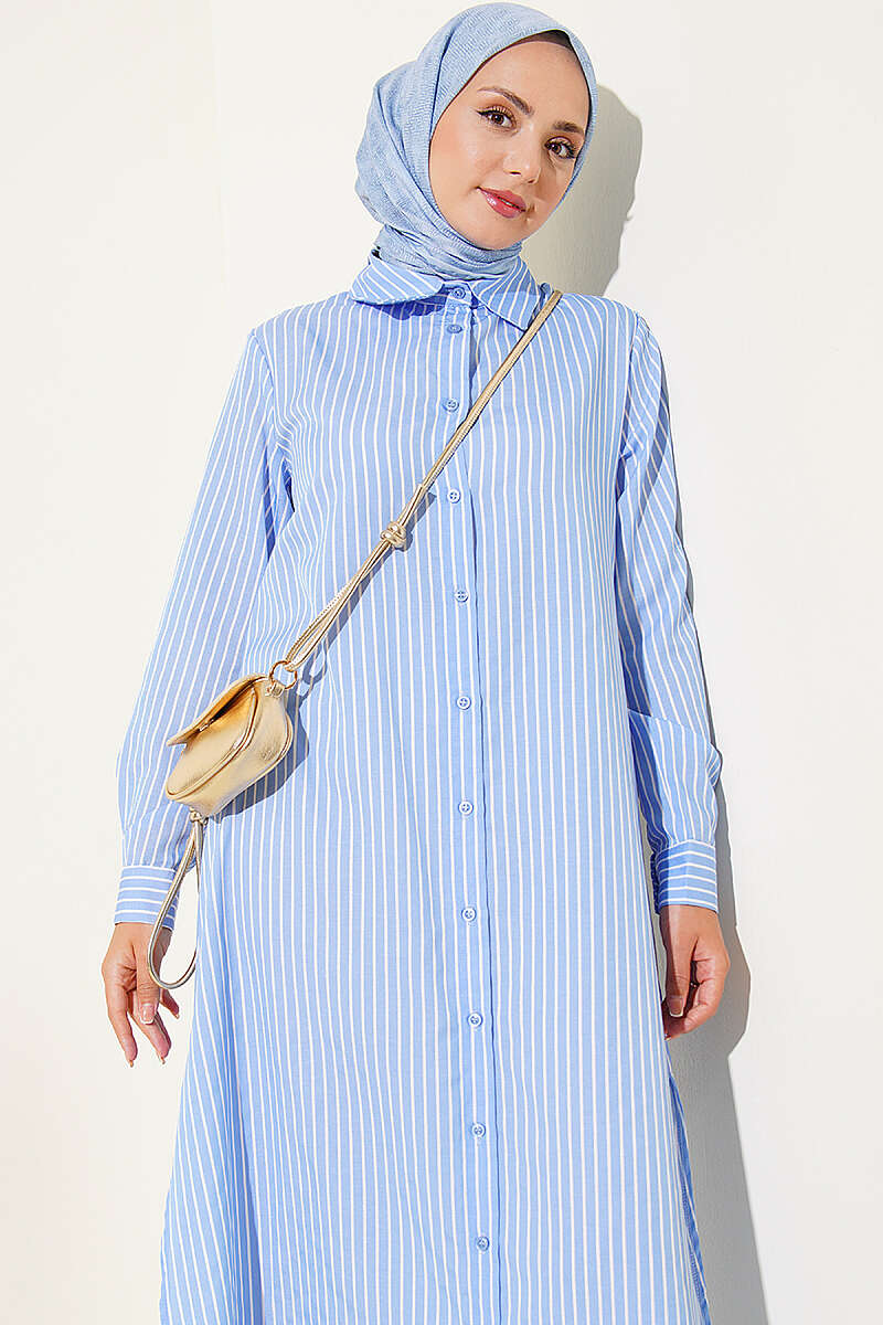 light Blue Basic Long Striped Shirt