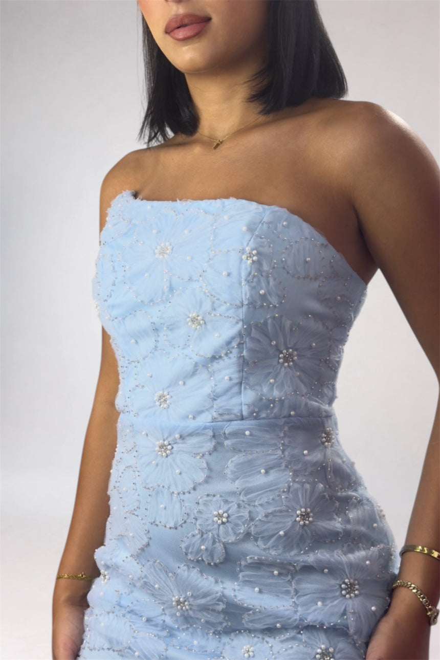 Woman wearing a light blue strapless dress with floral embellishments on a plain background