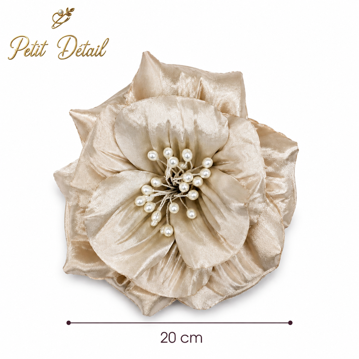 Handmade Champagne Pearl Textile Flower – 20 cm Petit Détail Lebanon