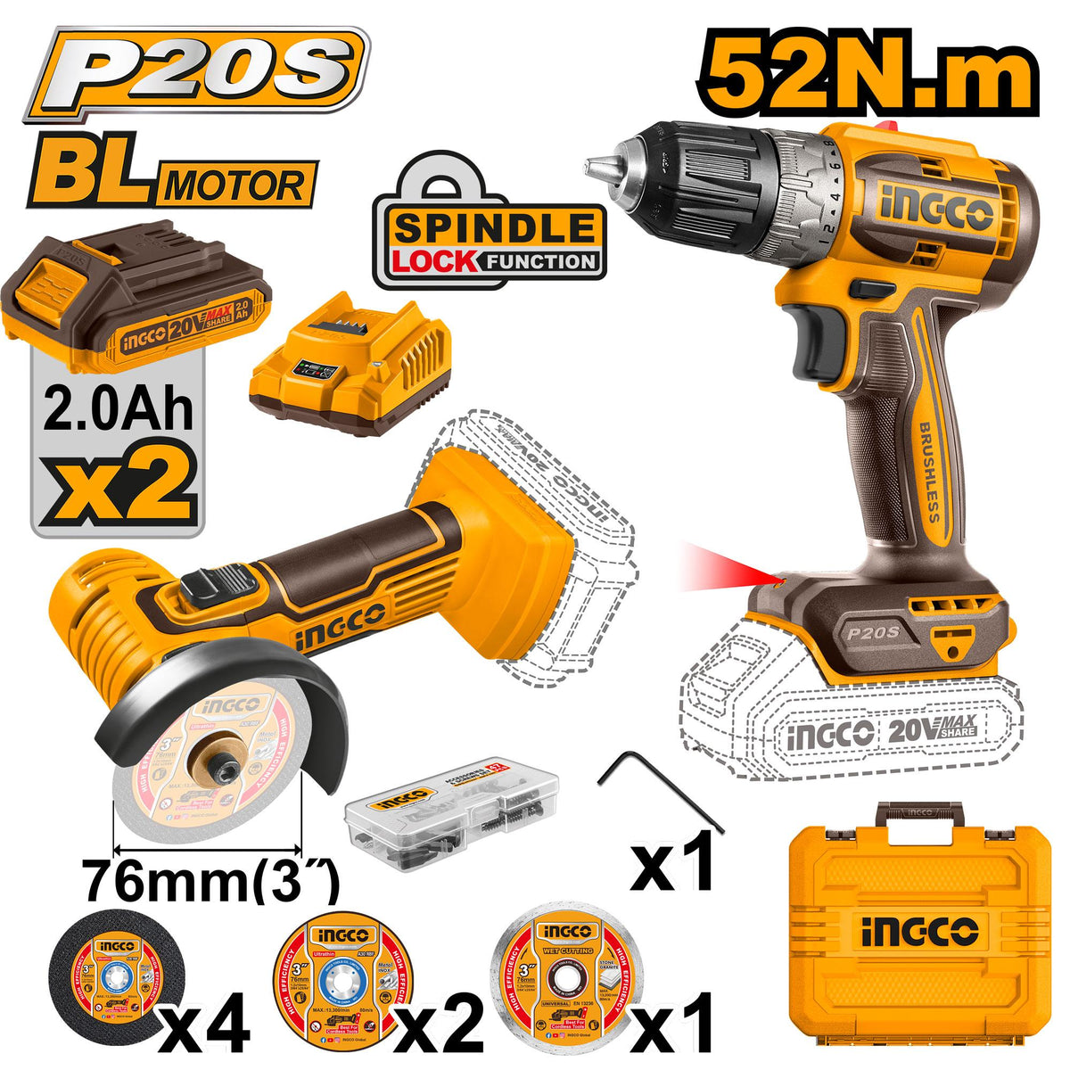 INGCO 20V BL Cordless Mini Angle Grinder and Drill Kit