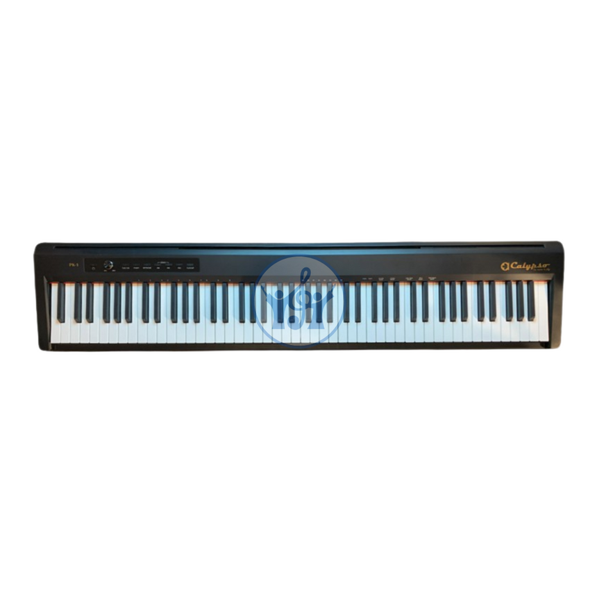 Digital piano with black and white keys on a white background