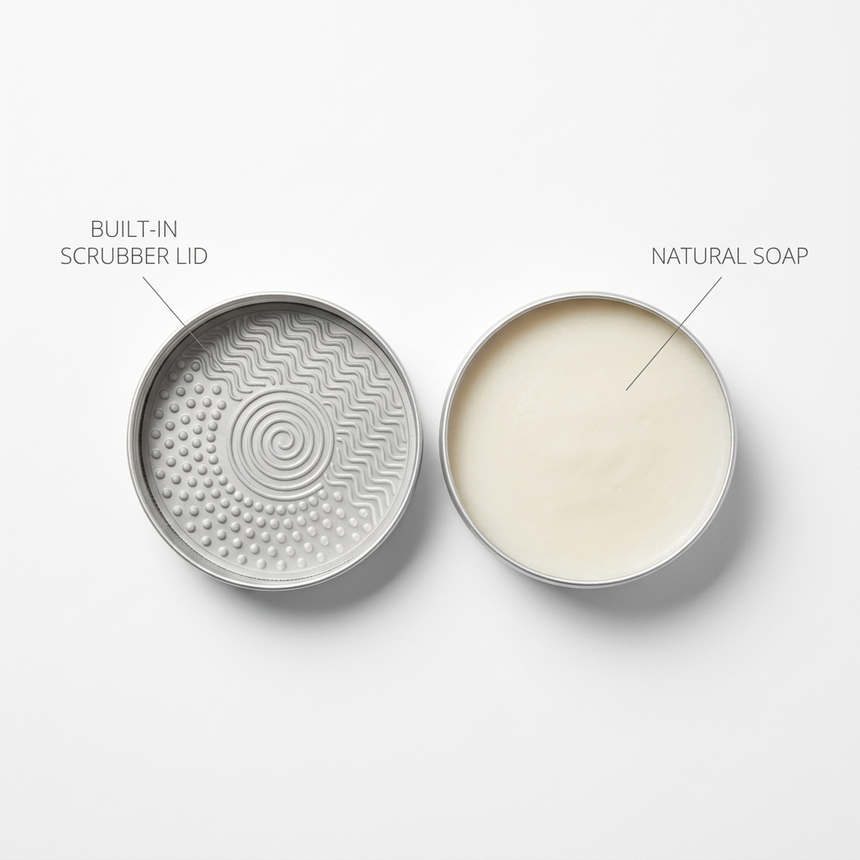 Cloud Theory Deep Clean Soap tin open, showing the natural soap and the built-in scrubber lid