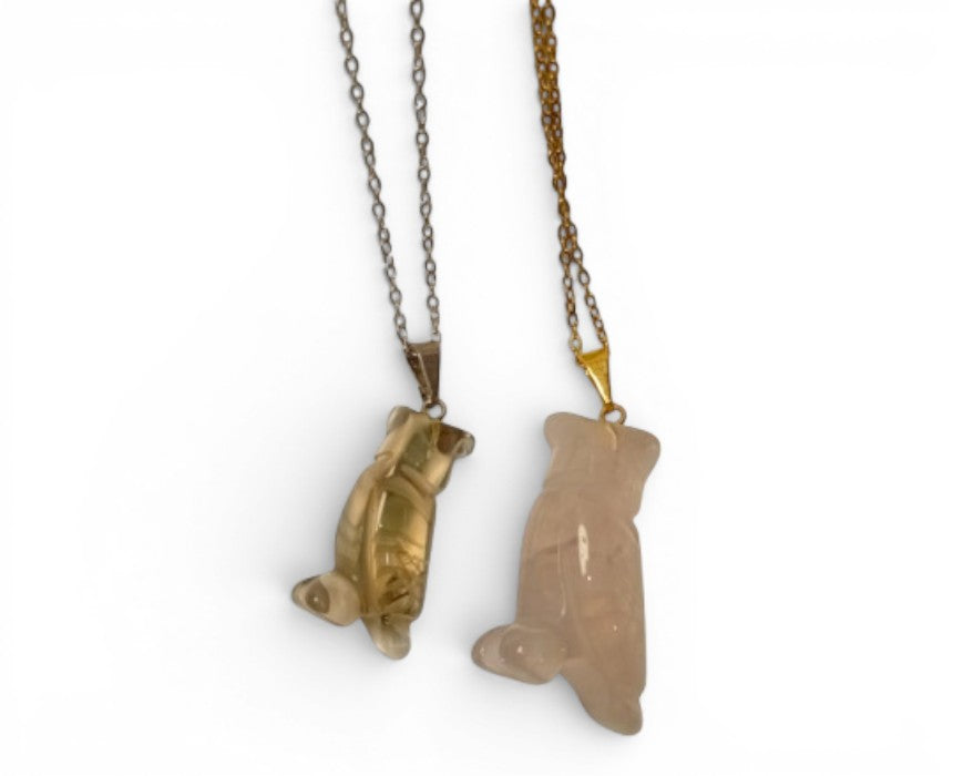 Carved Crystal Owl Pendant Stainless Steel Necklace