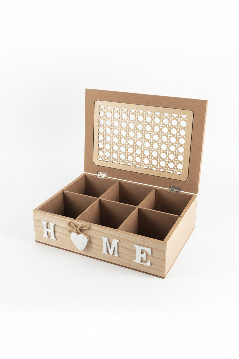 Wooden Tea Box Storage Organizer 6 Compartments