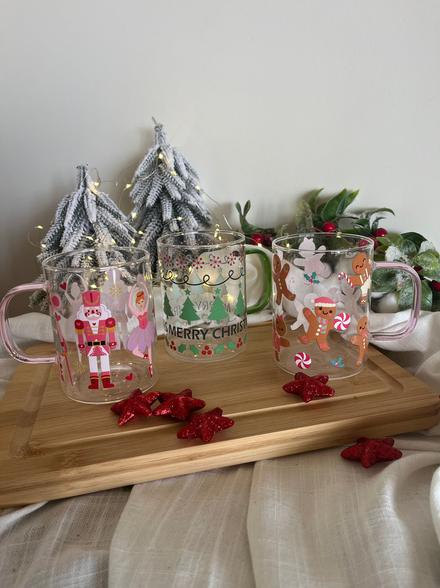 Christmas Glass Mug with Colored Handle