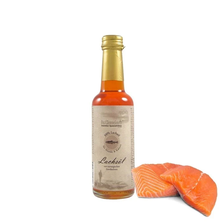 Dr. Clauder's BARF Salmon Oil 250ml bottle with fresh salmon fillets