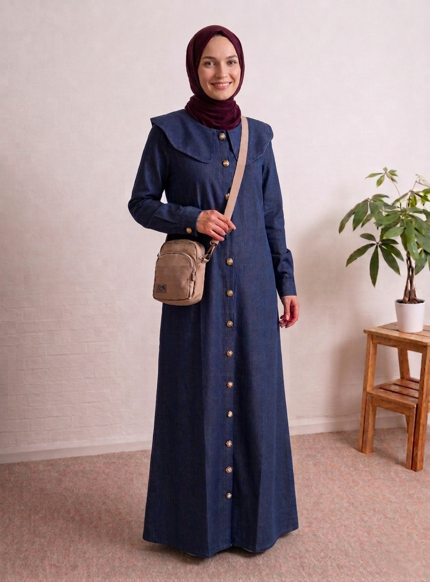 Plus Size Maxi Denim Collar Dress with Gold Buttons
