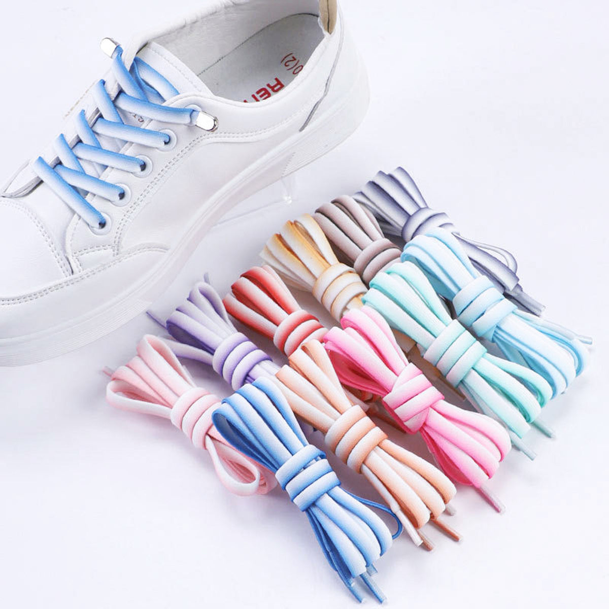 Elastic Shoe Laces White Green Metal Buckle Pair