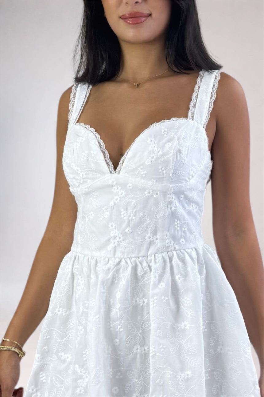 A woman wearing a white sleeveless dress with floral eyelet embroidery, lace trim along the straps and neckline, and a gathered skirt, photographed against a plain light background.