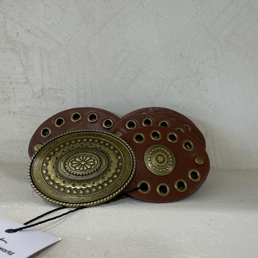 Pair of decorative earrings with brass and brown components on a light background