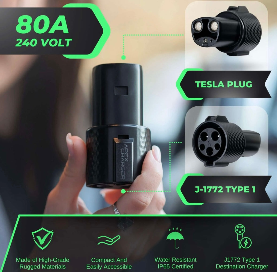 ApexCharger PRO 1 J-1772 to Tesla Adapter for Level 2 Charging, 80A, 14kW, 250V, Compatible with Tesla Model 3, Model S, Model Y, Model X, Roadster, and Cybertruck