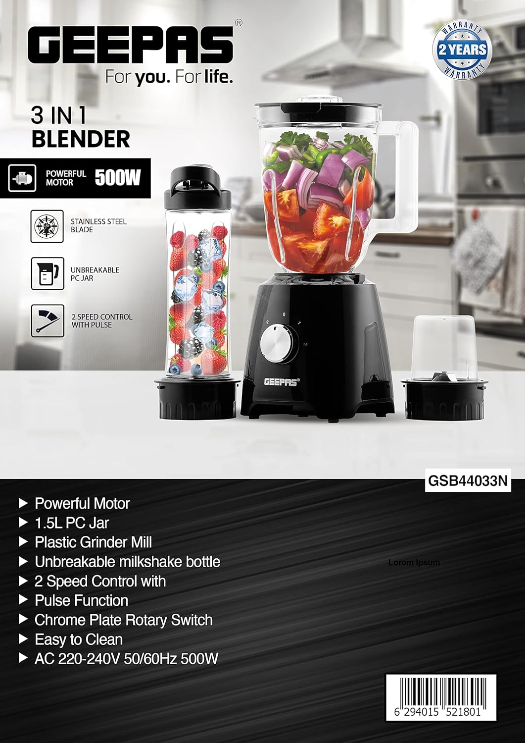 Geepas 3-In-1 Blender