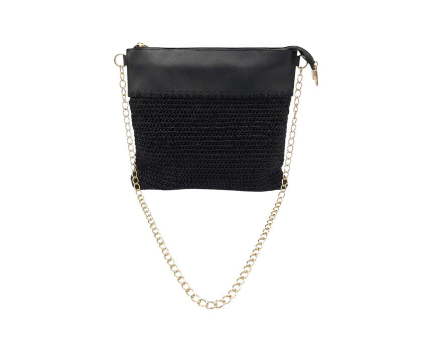 Black Leather Crochet Shoulder Bag