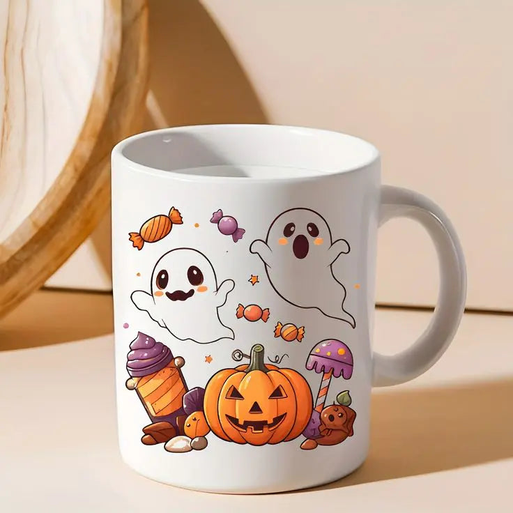 Halloween mug with pumpkin and ghost design