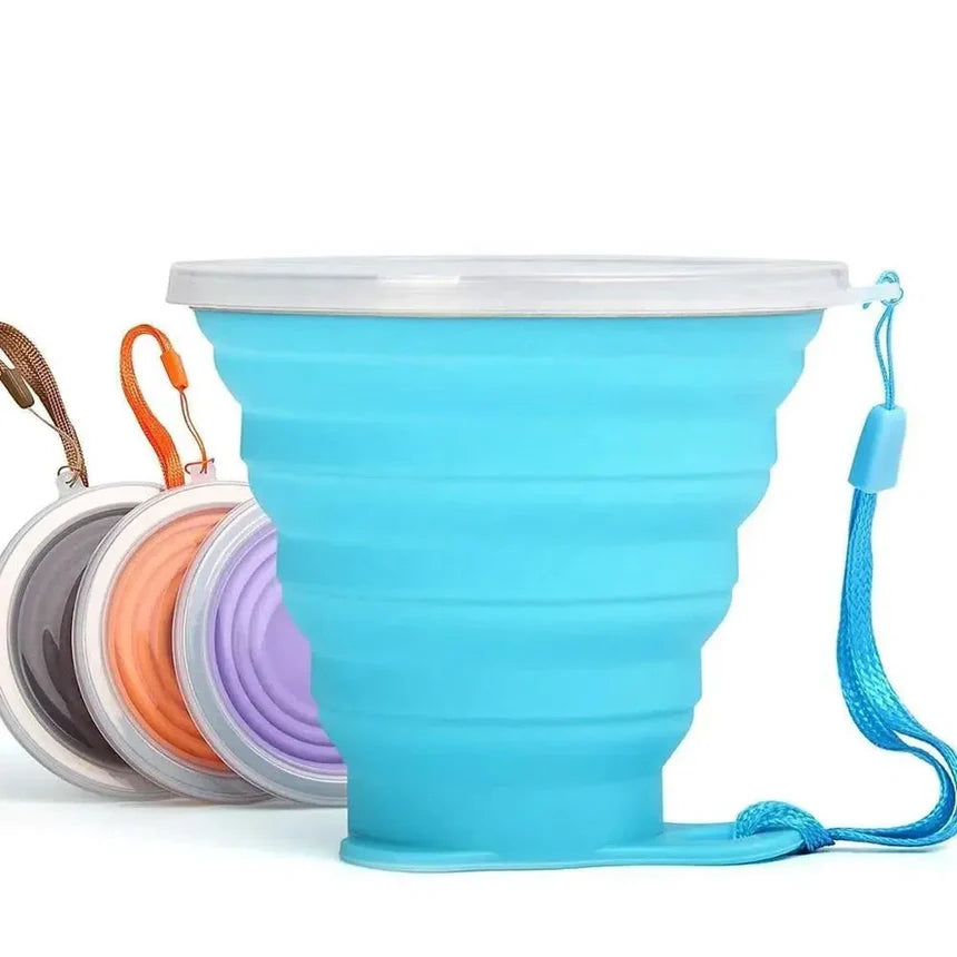 Portable Collapsible Silicone Cups with Lids blue