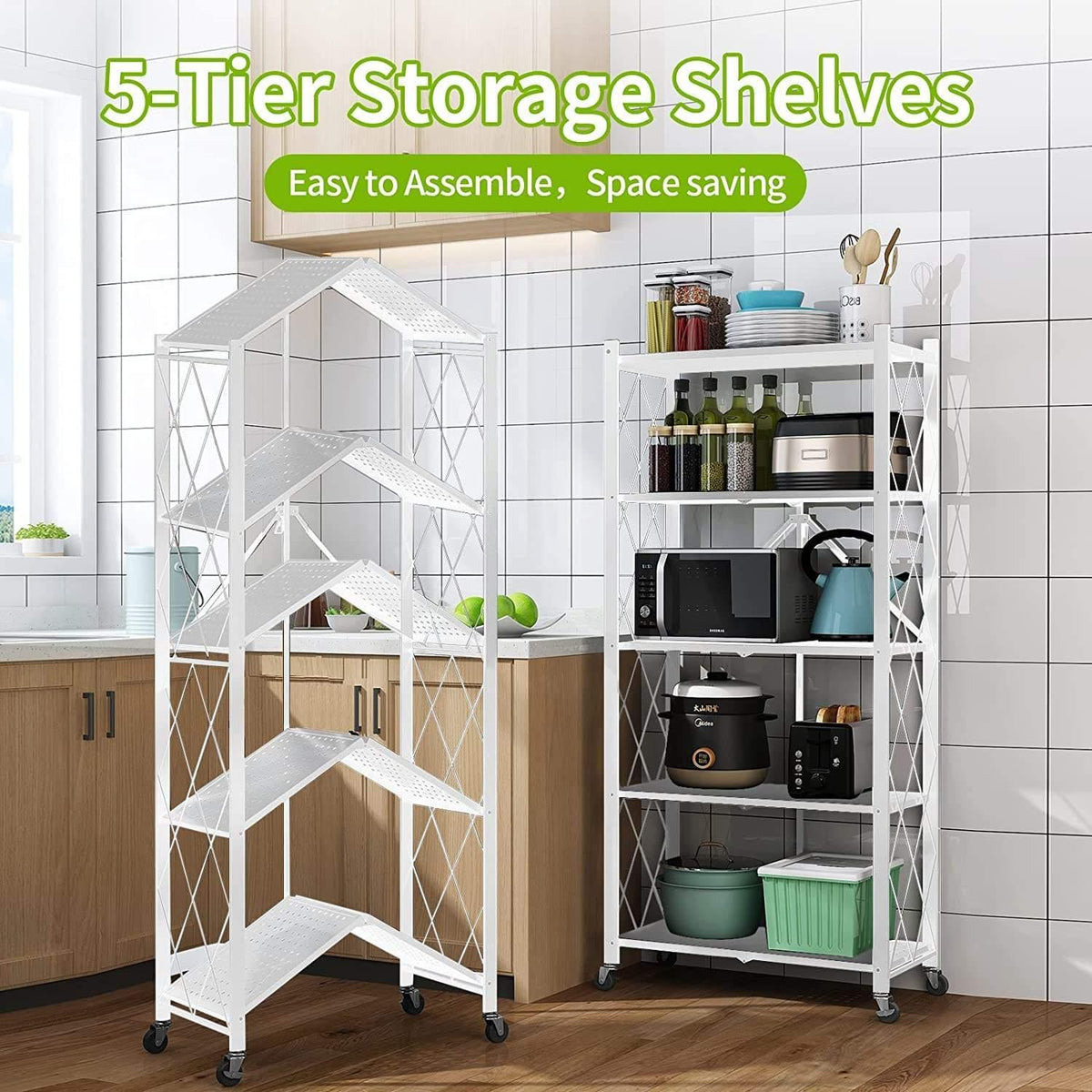 Foldable 5-Layer Metal Shelves with Wheels – White